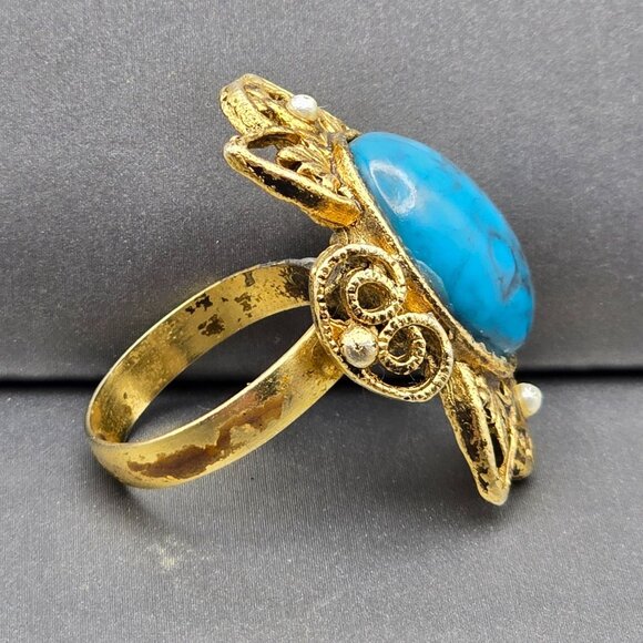 VTG Victorian Revival Turquoise & Faux Seed Pearls Filigree Ring Sz 9 Adjustable - Picture 5 of 10